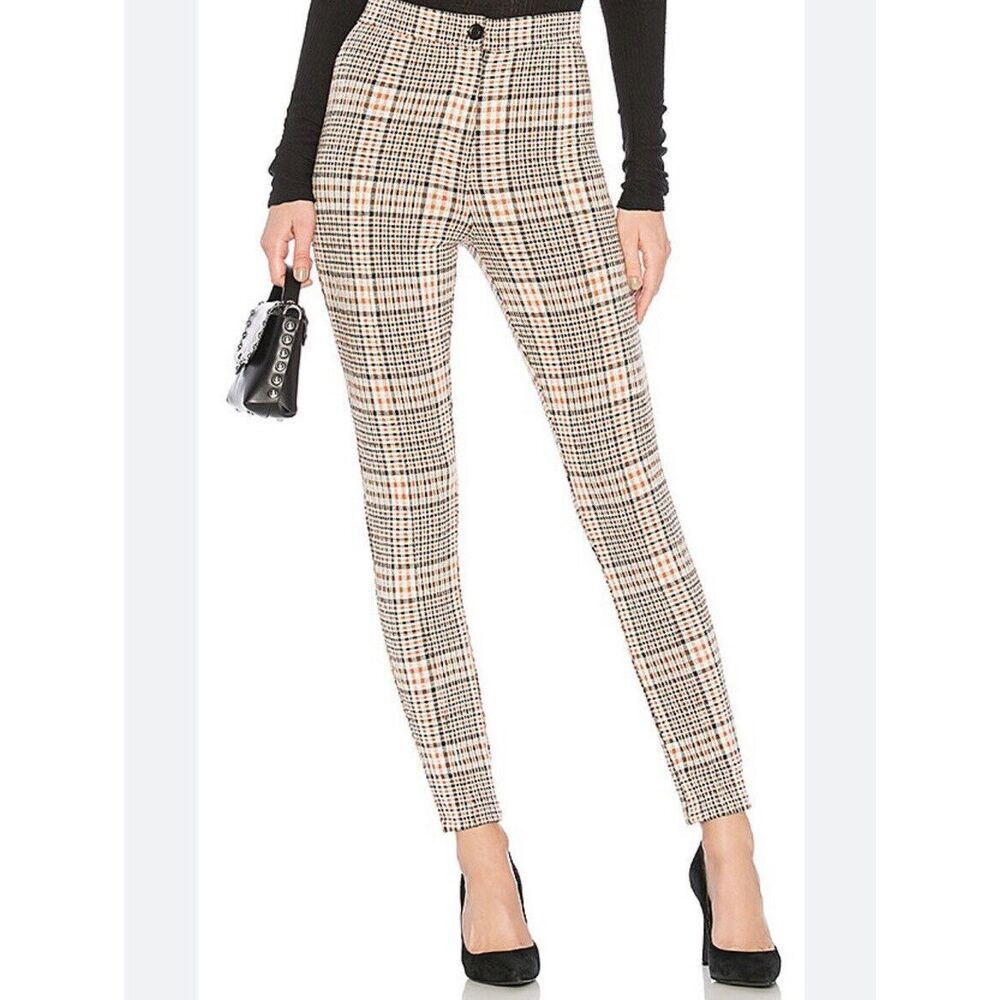 Free People Pants Womens 27 Orange Plaid High Waisted Trouser Tapered Leg 28x27